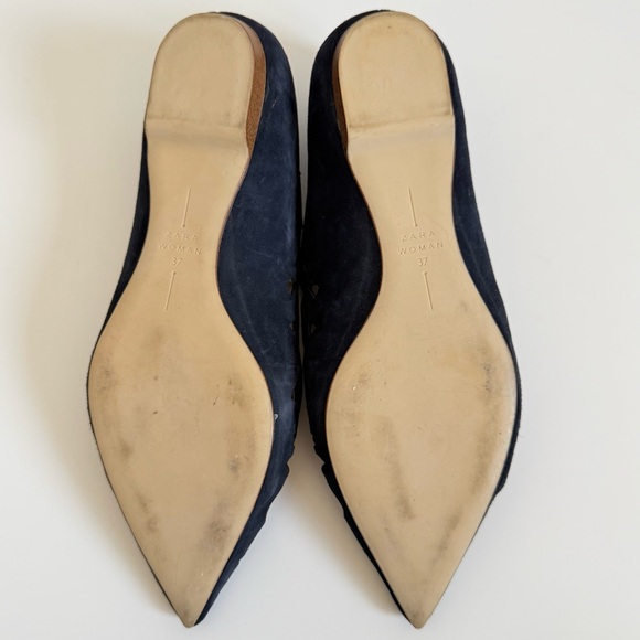 Zara Navy Pointed Laser-Cut Suede Flats - Picture 8 of 8